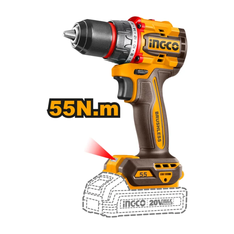 Taladro Atornillador Compacto Brushless 13 mm 55 Nm Industrial (sin batería ni cargador) CDLI205581 - INGCO