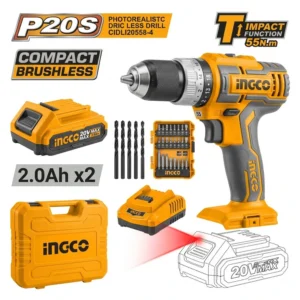 Taladro Atornillador Percutor Brushless 13 mm 66 Nm + 2 Baterías 2Ah + Cargador CIDLI20668-4 - INGCO