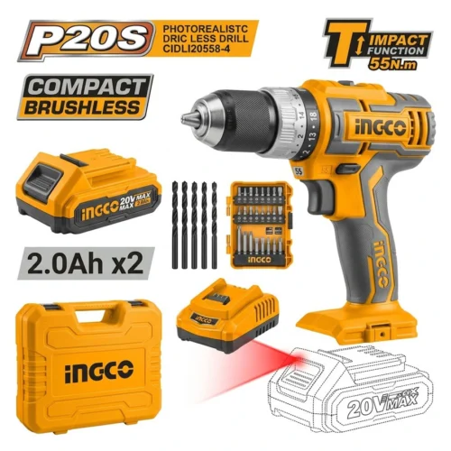 Taladro Atornillador Percutor Brushless 13 mm 66 Nm + 2 Baterías 2Ah + Cargador CIDLI20668-4 - INGCO