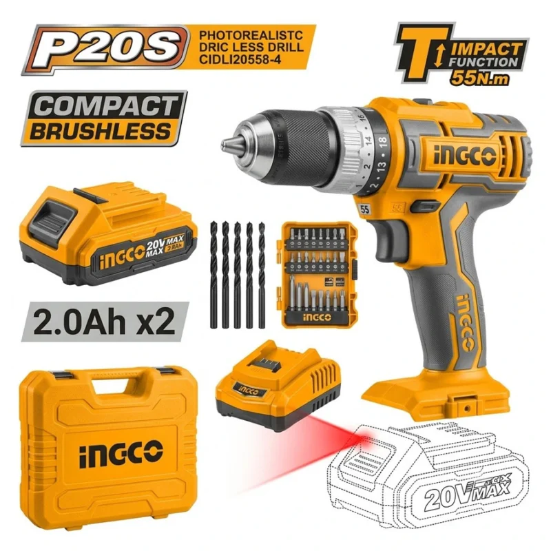 Taladro Atornillador Percutor Brushless 13 mm 66 Nm + 2 Baterías 2Ah + Cargador CIDLI20668-4 - INGCO